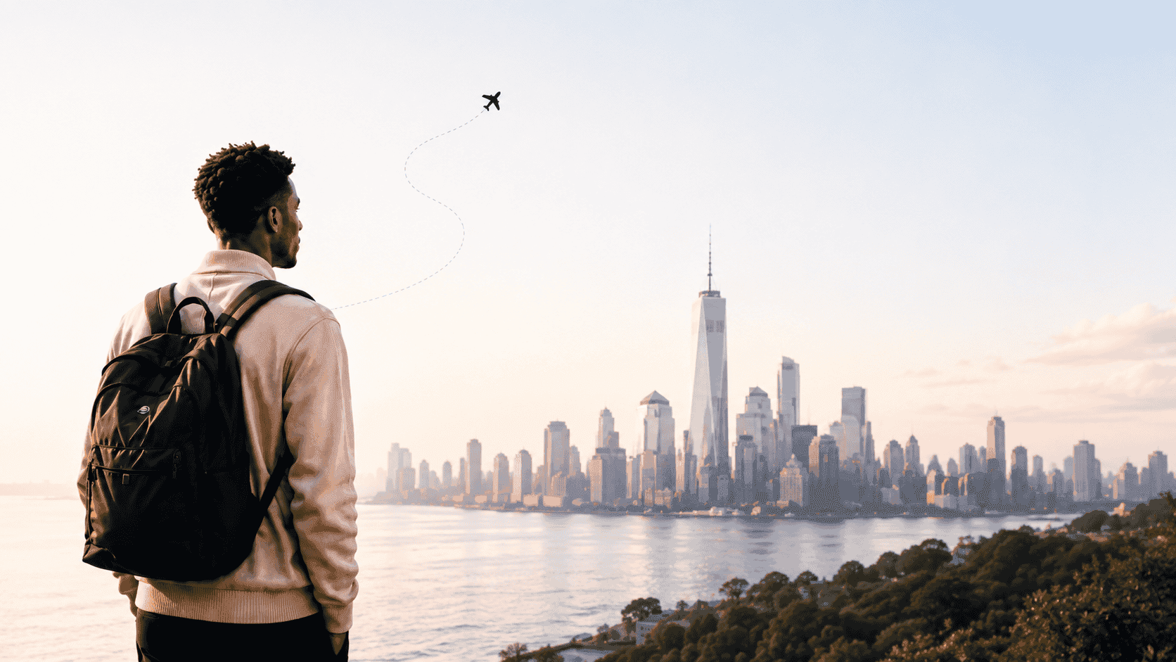 Traveler looking toward a city skyline
